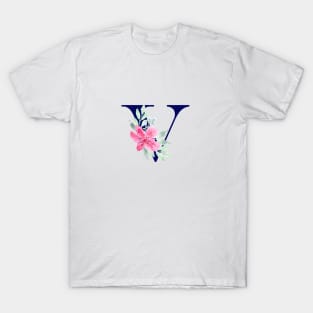 Watercolor Floral Letter V in Navy T-Shirt